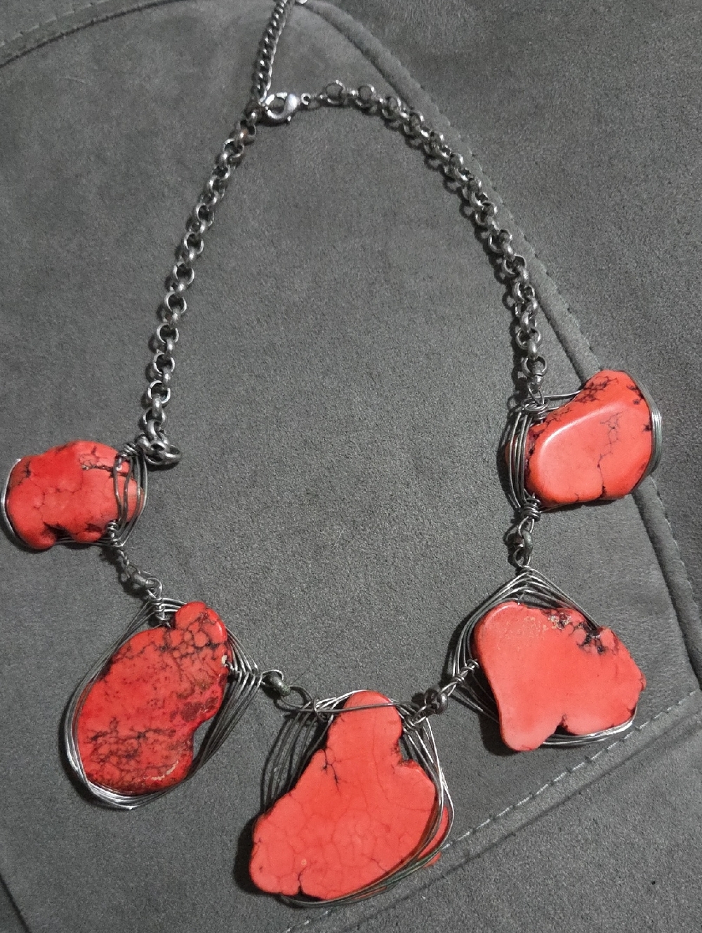 Red Turquoise Wrapped Chunky Slab Choker Necklace.